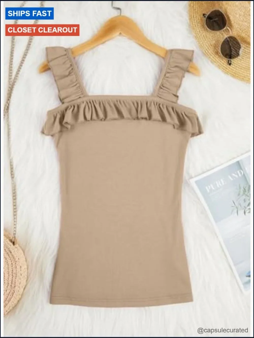 Sleeveless Ruffled Square Neck Tank Top Knit Camisole Top - Picture 5 of 7